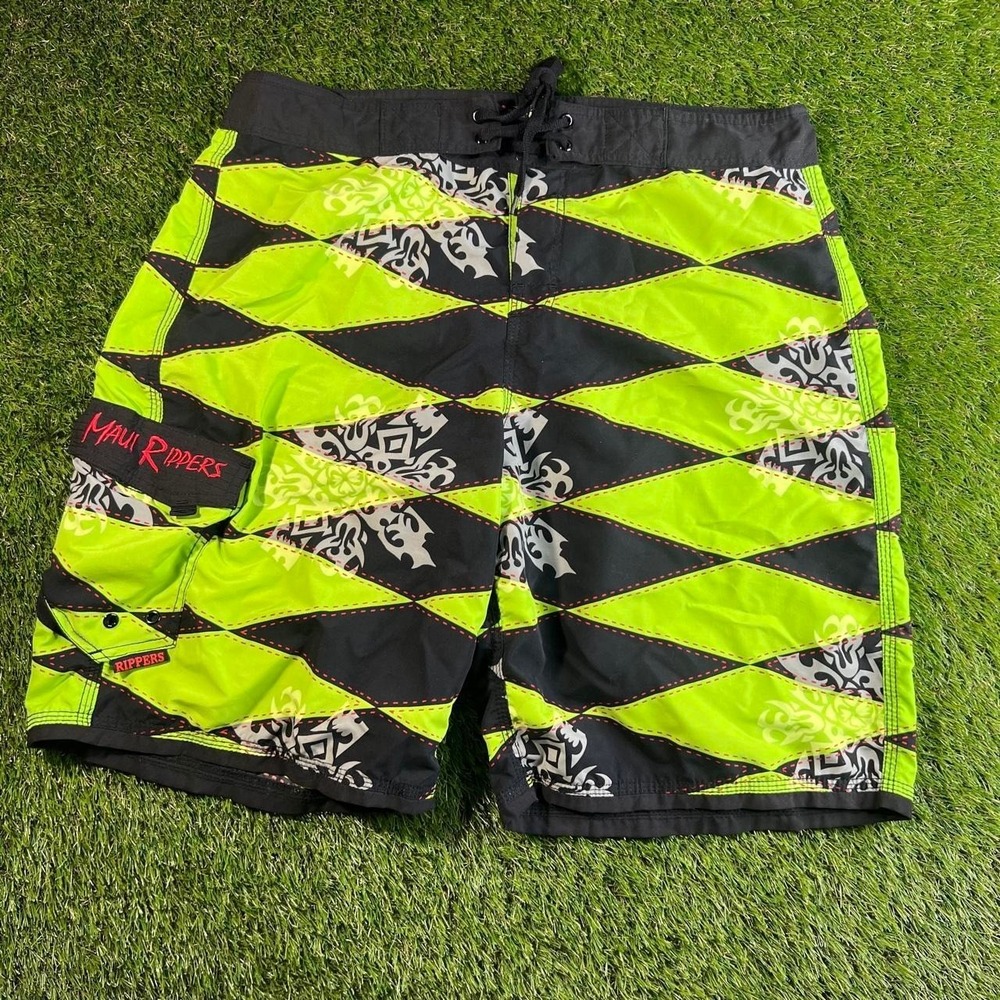 Y2K Maui Rippers Neon Tribal Board Shorts Surf Swim Skater Mens 36 Bright Green